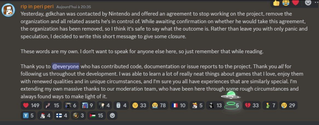 Nintendo presiona a un equipo de desarrollo para detener Ryujinx, MENSAJJE EN DISCORD